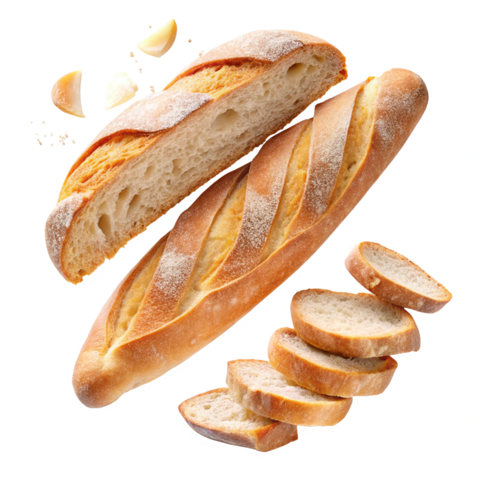 Baguette bread and slices with artistic food presentation png