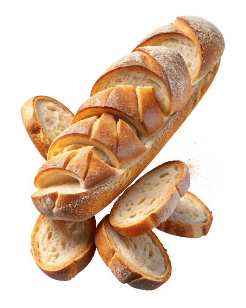 Golden brown baguette bread loaf with cut sections png