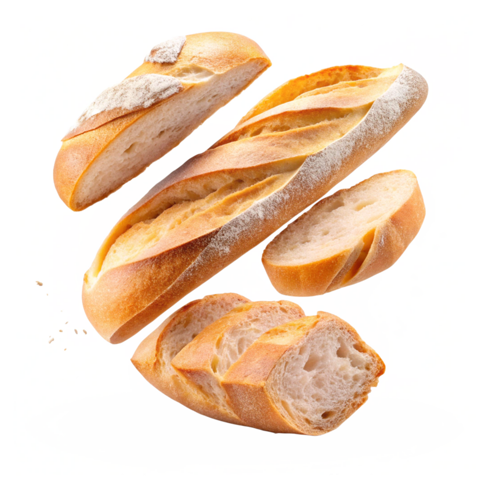 Fresh baguette loaf and slices with wheat sprigs decoration png