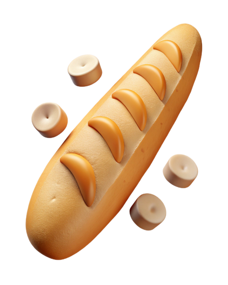 Freshly baked baguette bread loaf with sliced edges png