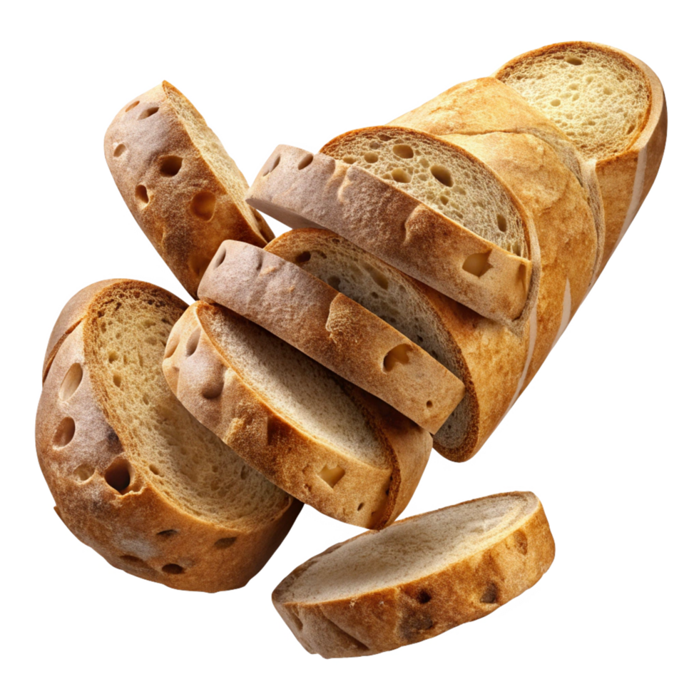 Perfectly sliced French baguette bread with rustic appeal png