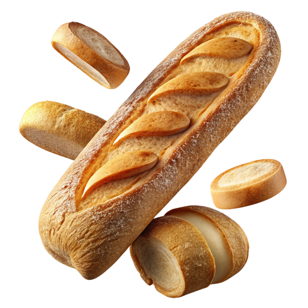 Traditional French baguette loaf with evenly cut slices png