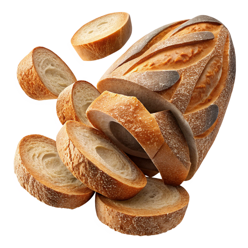 Fresh baguette loaf with sliced ends on rustic table png