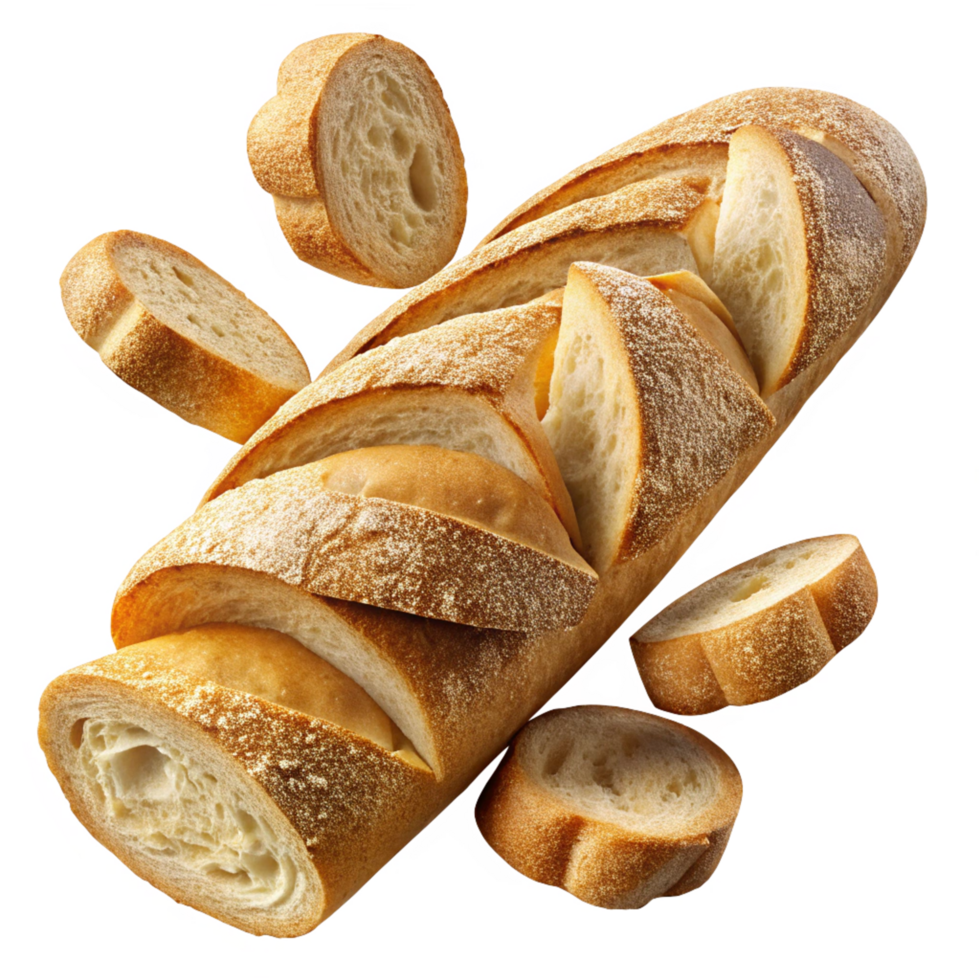 Baguette bread with slices presented on wooden background png