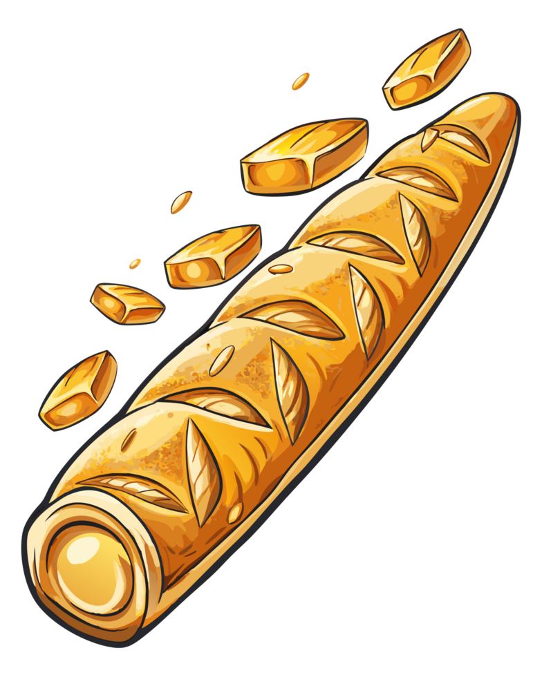 Baguette bread with slices arranged in a row png