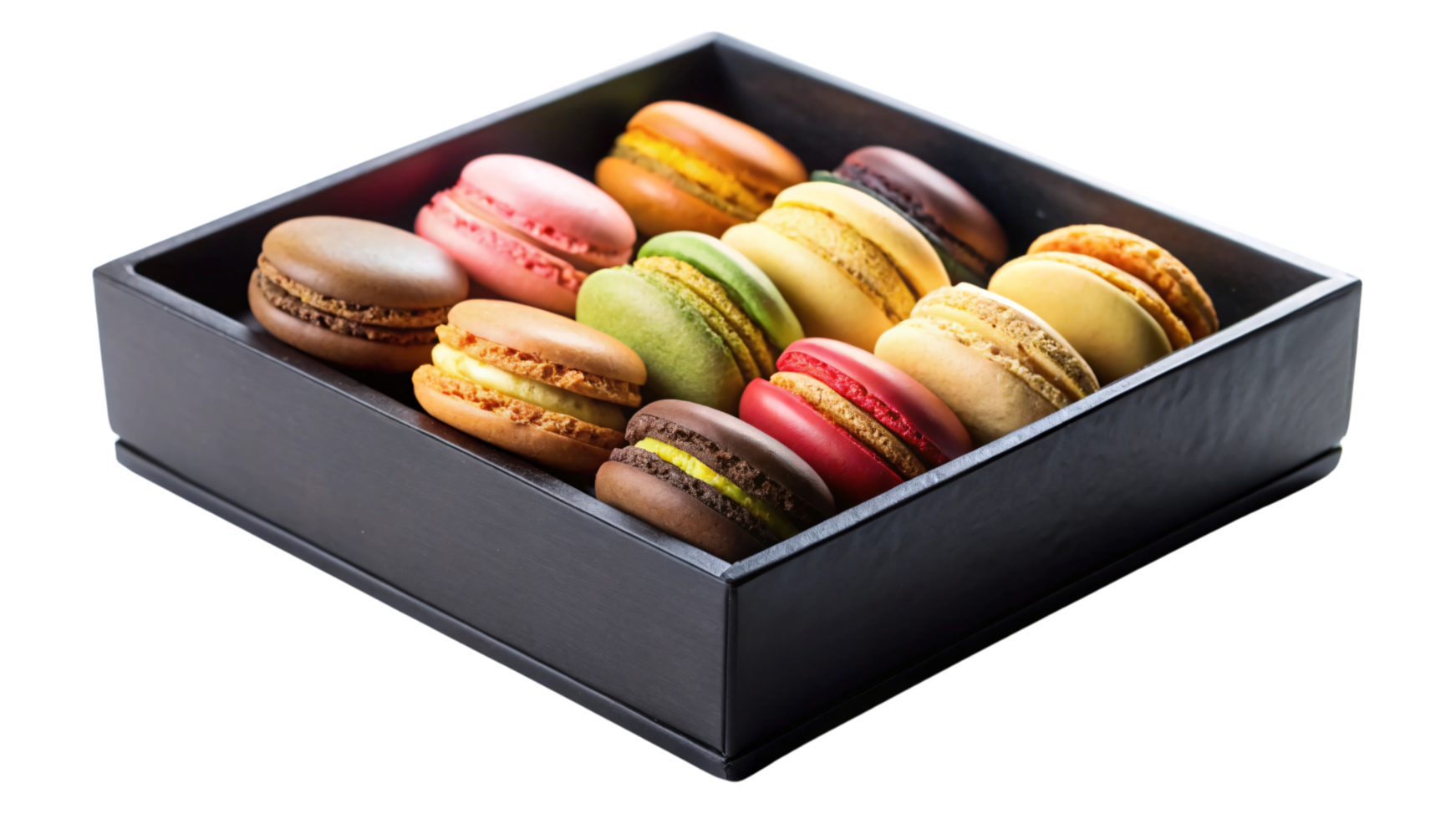 An angle of a black box containing various vibrant macarons. The colorful treats are perfectly aligned, offering a delicious variety png