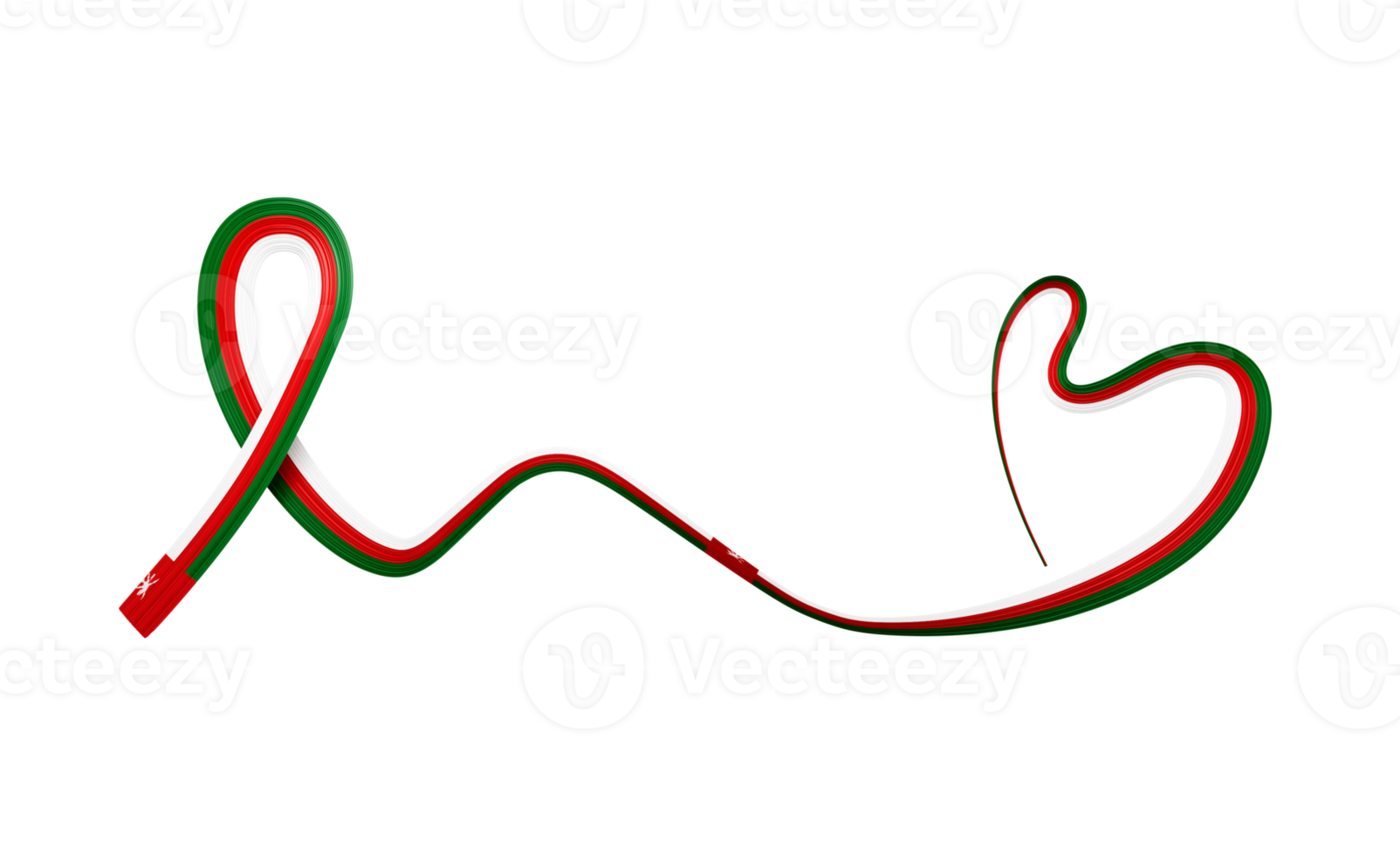 3d Oman's flag in a heart shape, with red, white, and green twisting ribbons. 3D Illustration png