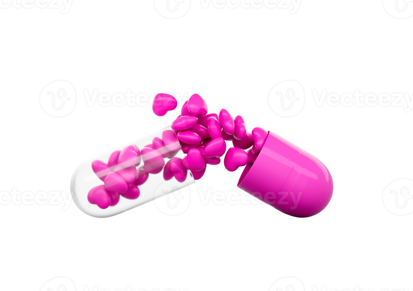 Pink capsule partially open with small pink heart-shaped objects spilling out. 3D Illustration png
