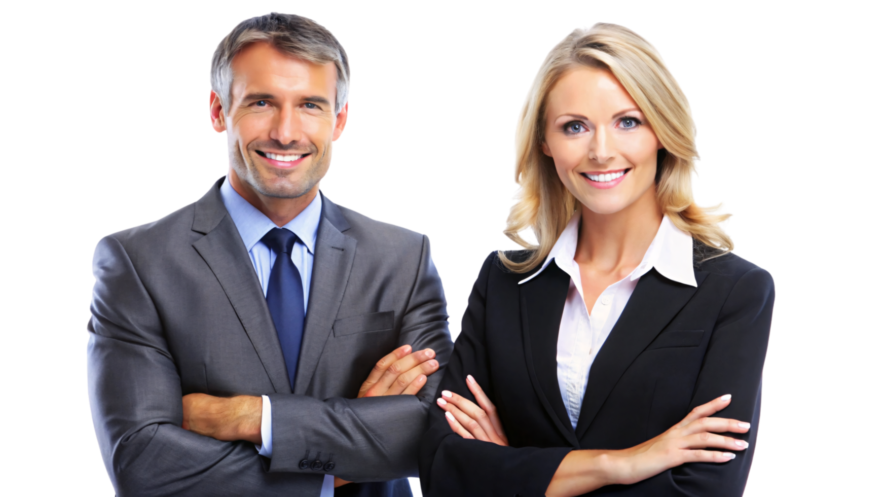 A man and woman in formal business attire stand side by side, arms crossed, both smiling confidently, projecting professionalism and teamwork png
