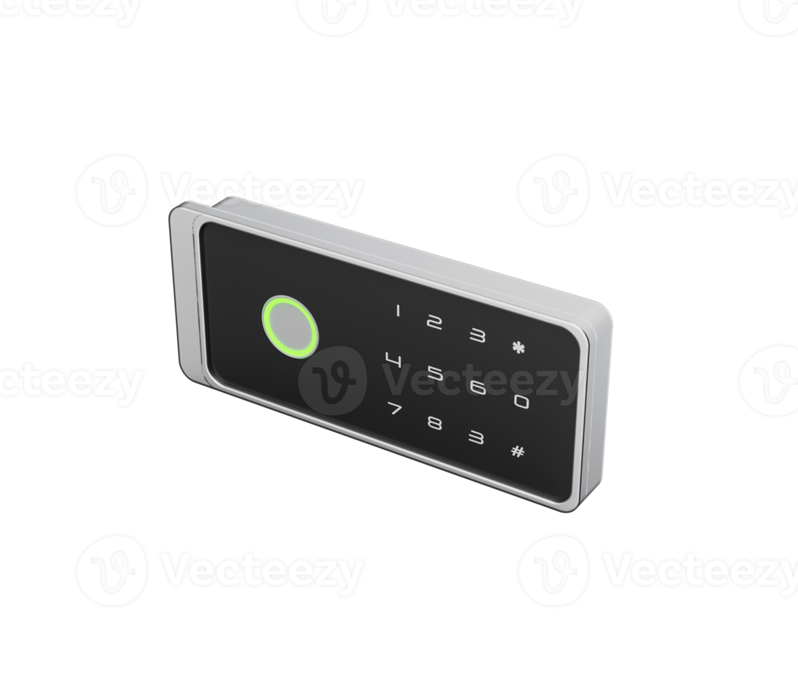 Digital safe lock with a black rectangular touchscreen displaying a numeric keypad with symbols, 3d Illustration png