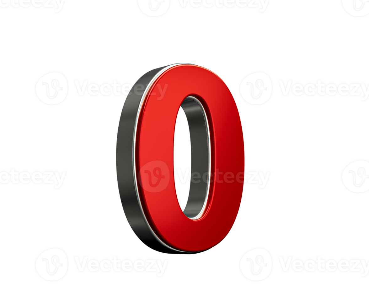 Red number zero with black outline, bold and glossy style, striking appearance. 3D Illustration png