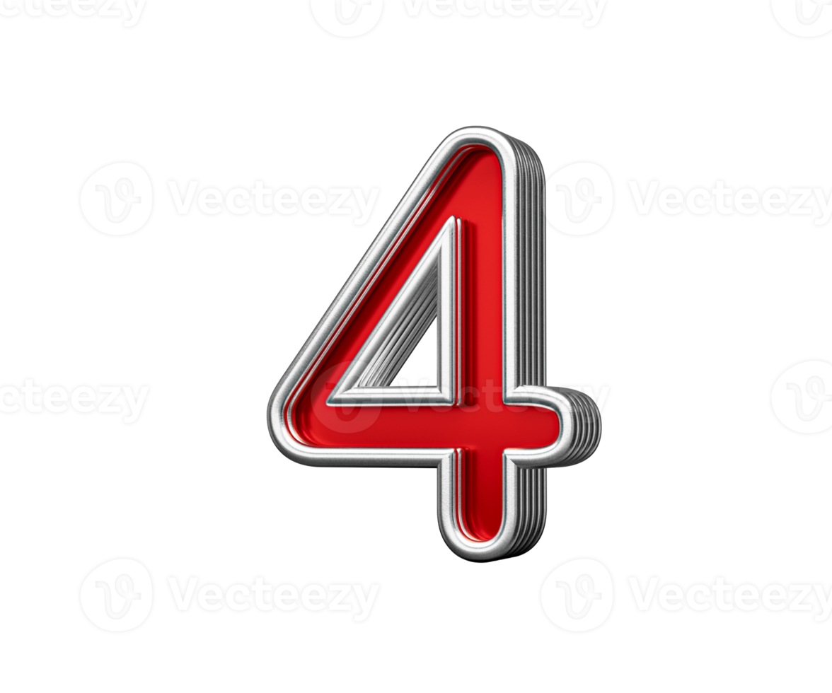 Vibrant Red Number Four 4 With Metallic Gleam And Beveled Edges 3D Illustration png