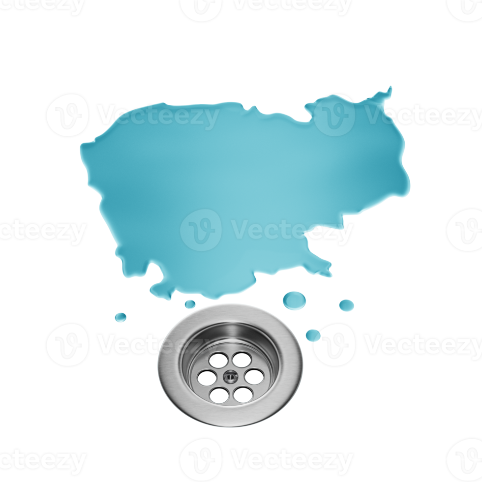 Cambodia Water Map With Drainage Metal Sink Save Water And Water Wastage Concept 3D Illustration png