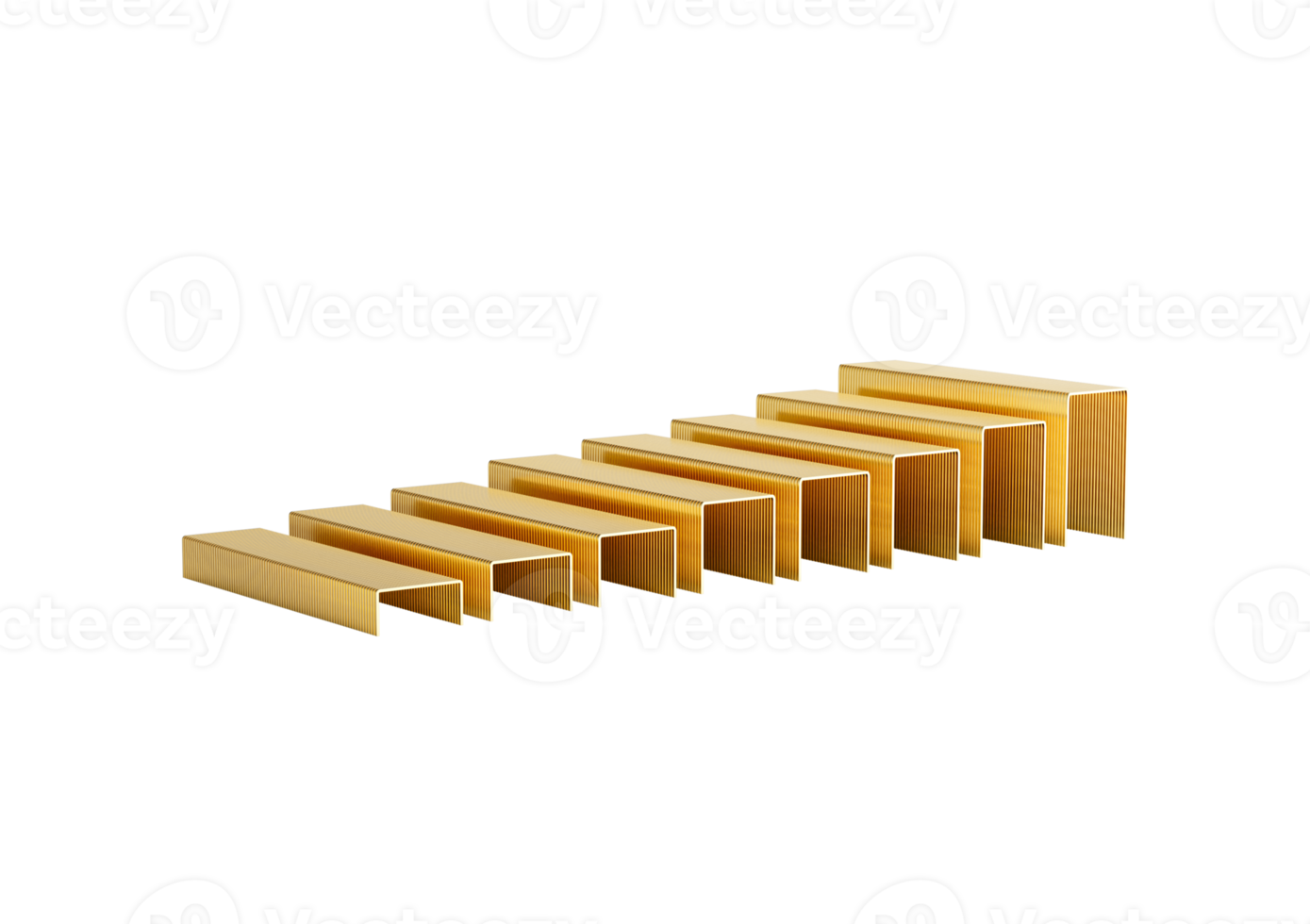A Series Of Golden Metal Staple Pins Arranged In Parallel Rows On White Background 3D Illustration png