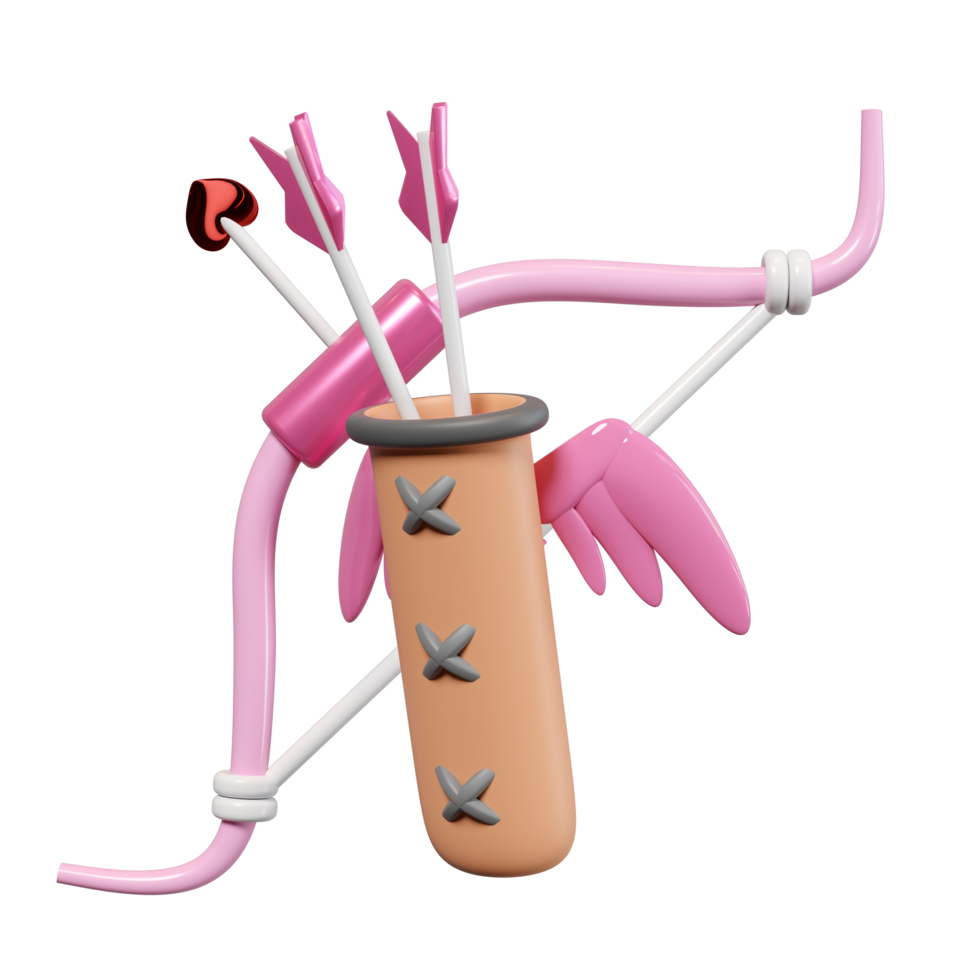 3d bow with quiver, arrows isolated. happy valentine's day concept, 3d illustration render png