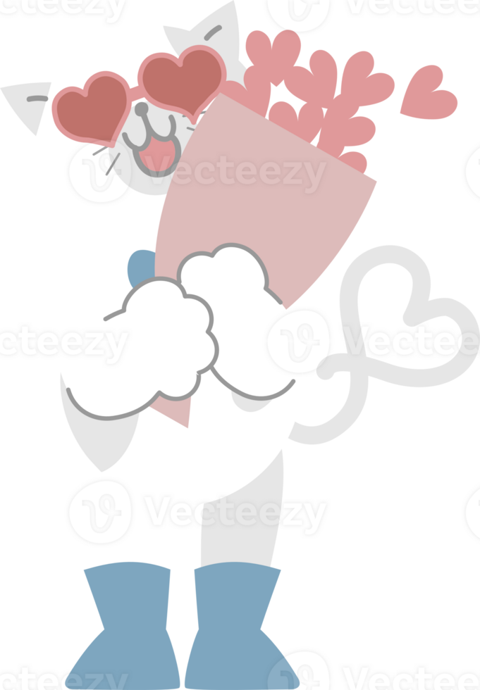 cute and lovely cat wearing heart sunglasses holding heart bouquet, happy valentine's day, love concept png