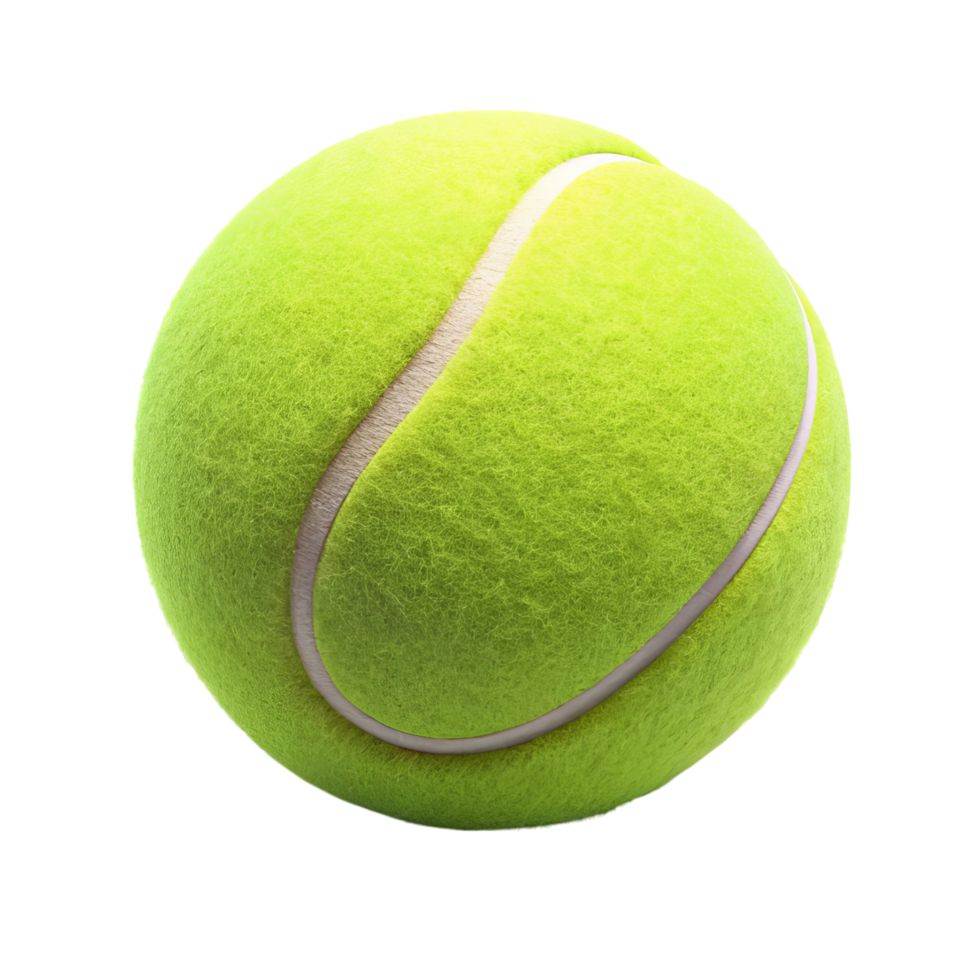 A high-quality, studio shot of a tennis ball, featuring a bright, lime green color and a distinctive white gray stitching. png