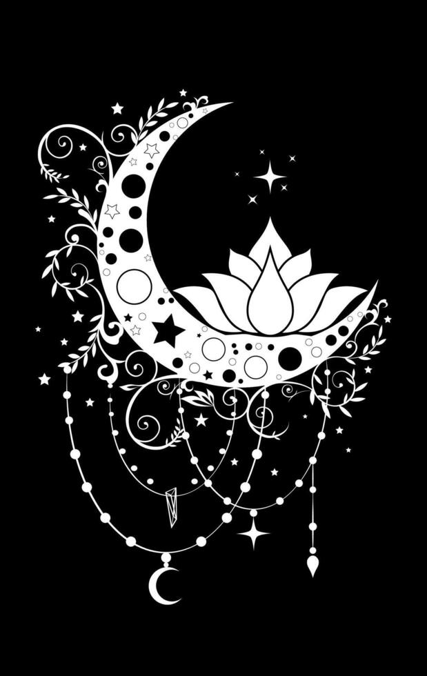 Mystical Crescent Moon and Sacred Lotus flower in boho style logo design. Floral magic celestial clipart of yoga, spa, beauty salon, cosmetics, relax, brand name, tattoo. Isolated on black background vector