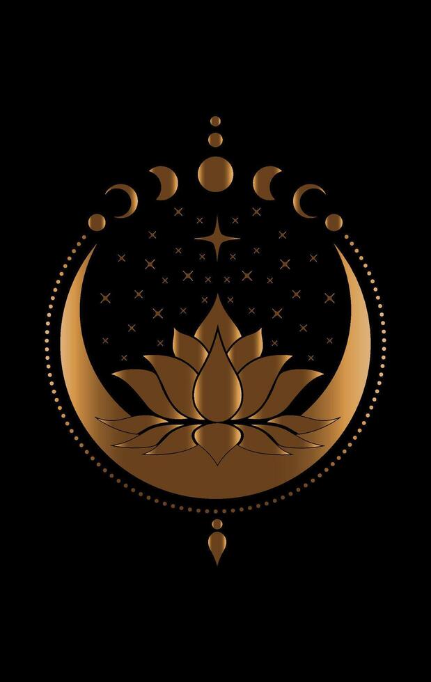 Mystical Crescent Moon and Sacred Lotus flower with Stars Moon Phases Gold logo design. Floral magic celestial clipart of yoga, spa, beauty salon, cosmetics, relax, brand style. Isolated on black vector