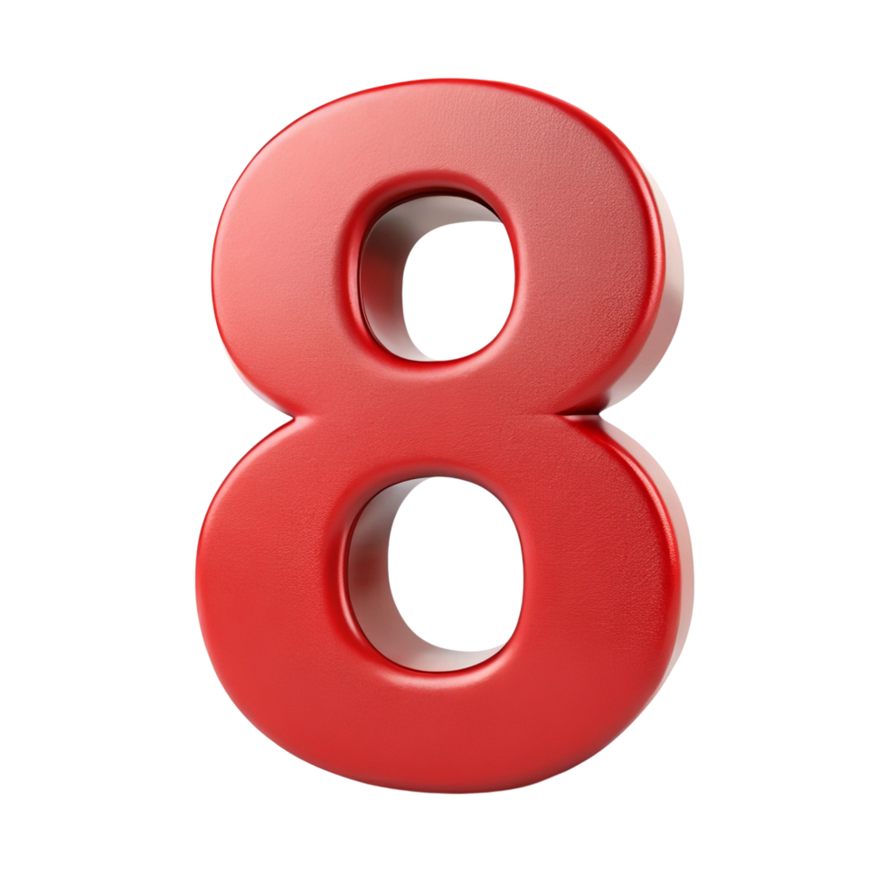 A close-up, studio shot of the number eight, rendered in a vibrant red. png