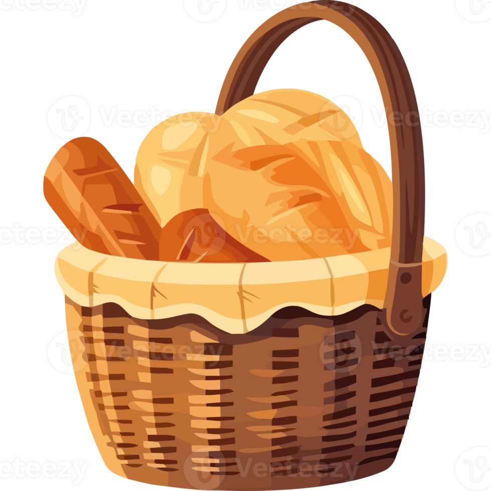 Fresh organic bread in wicker basket icon isolated png