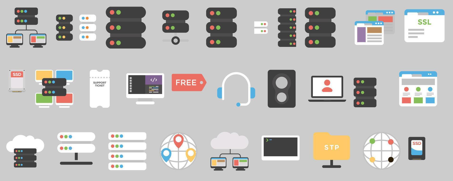 Flat icons for server computing and Web Hosting concept. vector