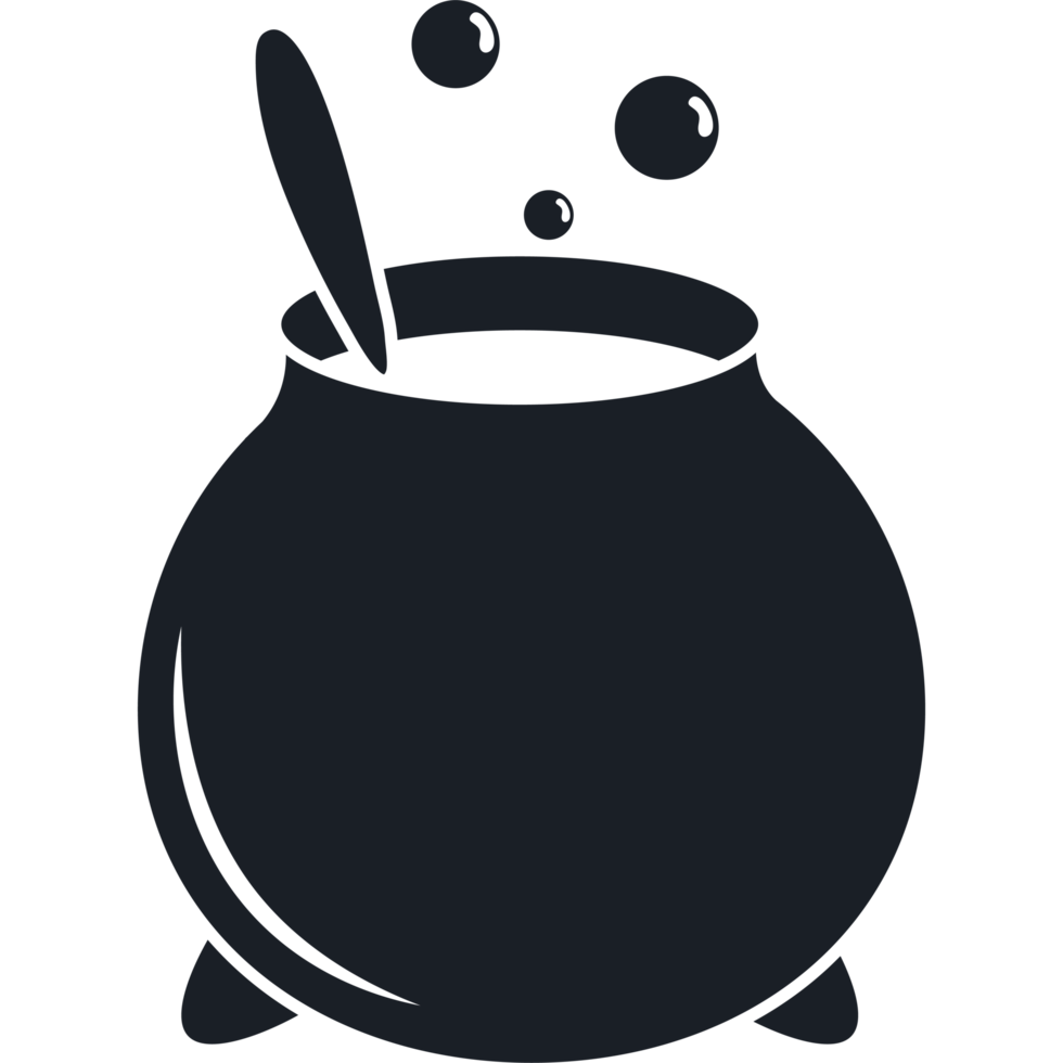 A black cauldron with a spoon in it icon isolated png