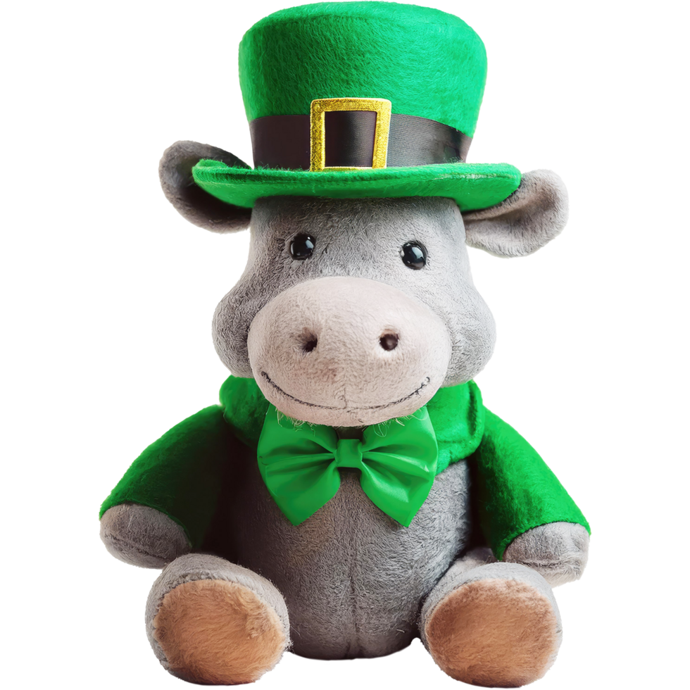 Pygmy hippo doll wearing a felt leprechaun hat and costume St Patrick's Day theme png