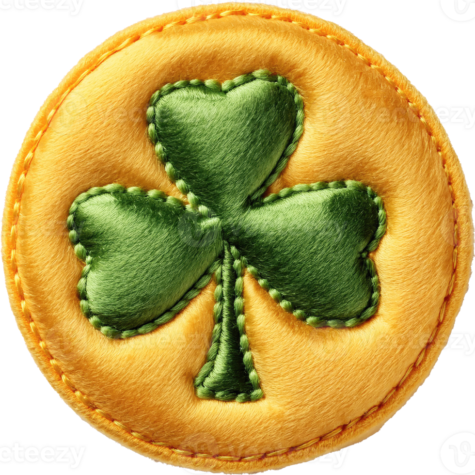 Gold coin with green shamrock felt St Patrick's Day theme isolated png