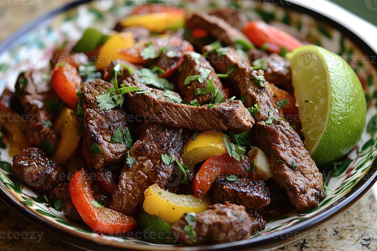 Delicious fajitas with grilled beef, colorful bell peppers, onions, and fresh cilantro, garnished with lime photo