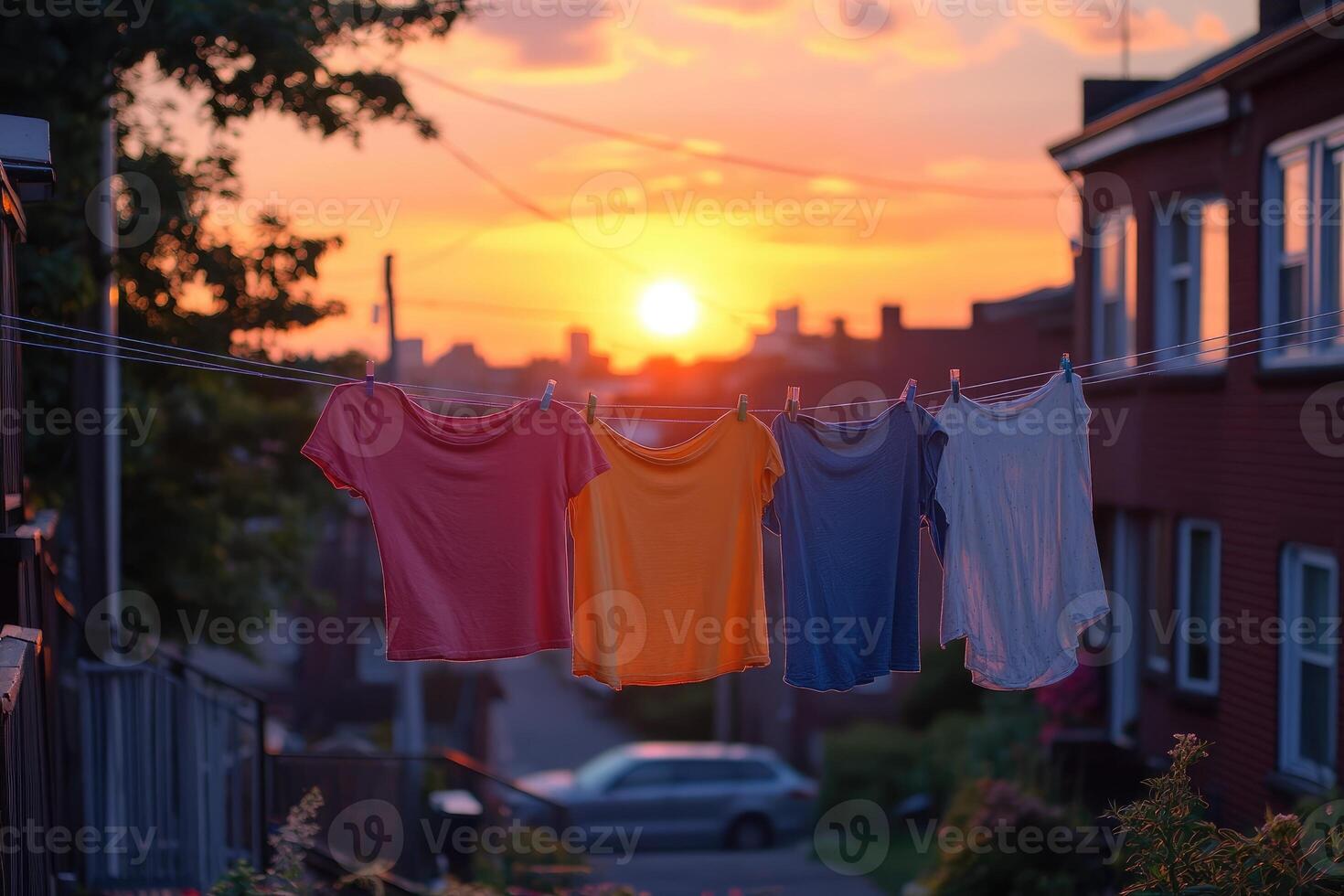 Colorful clothes are drying on clothesline at sunset in a residential area photo