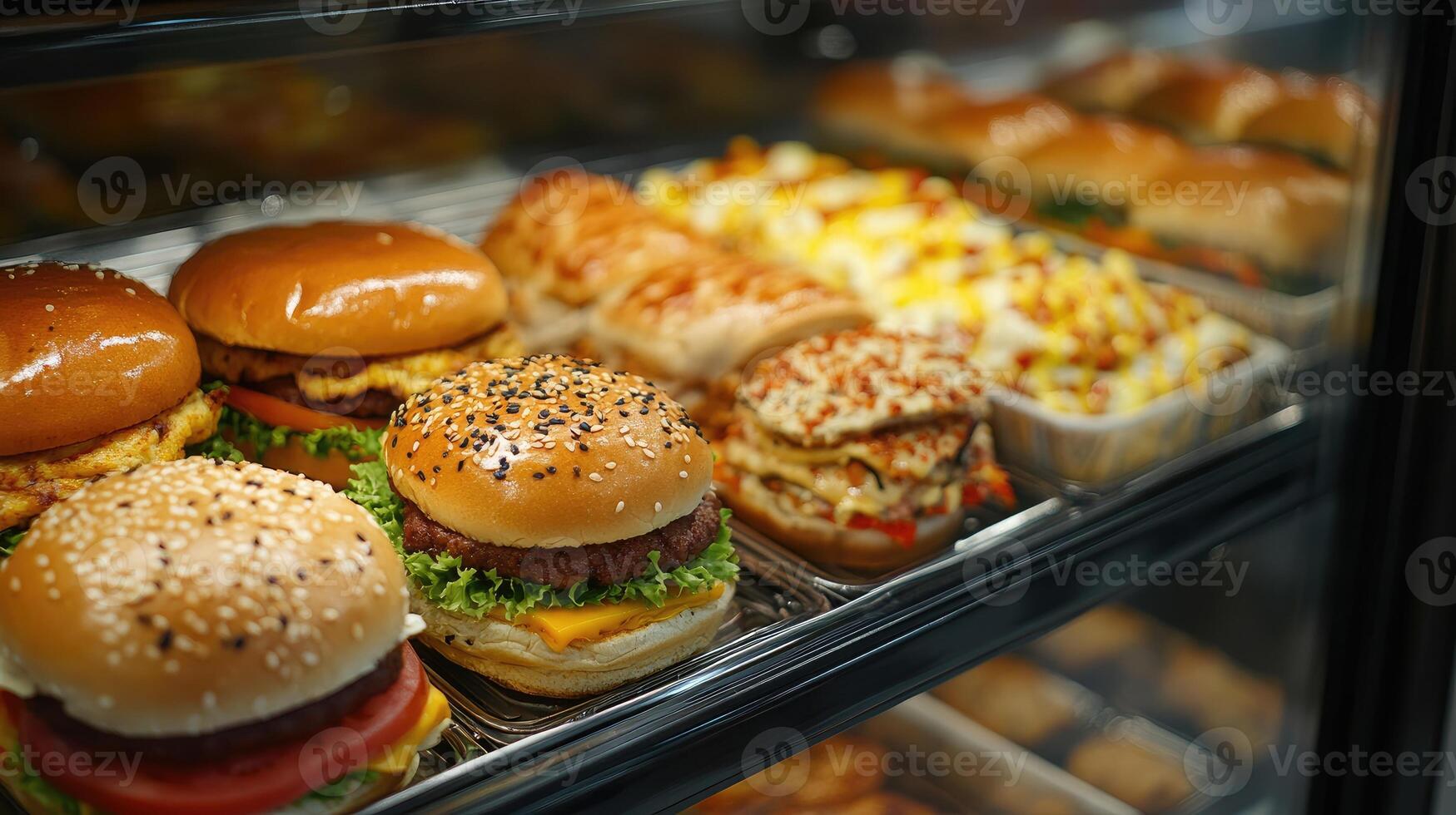 Delicious burgers and sandwiches displayed in refrigerated display case of fast food restaurant photo