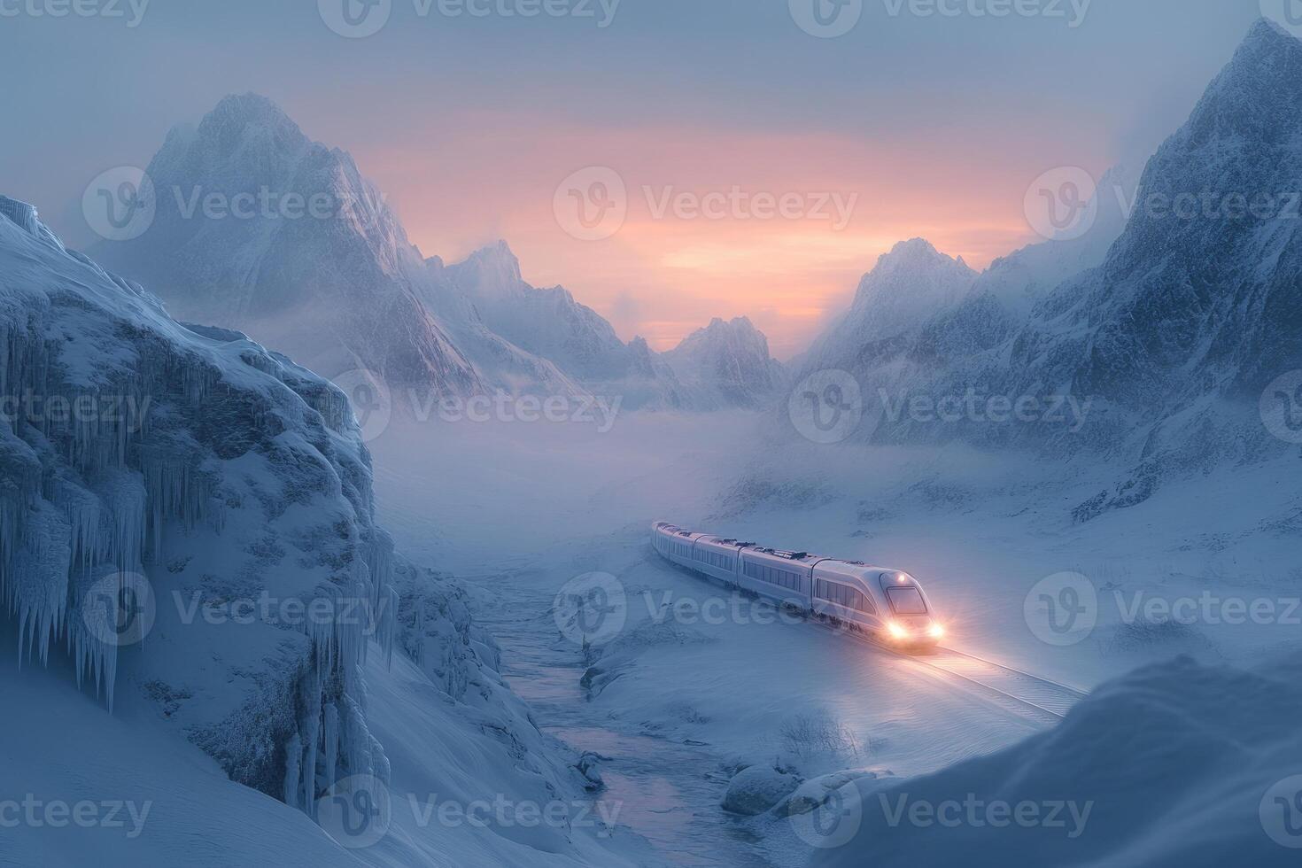 High-speed train running through snowy mountain valley at sunset. photo