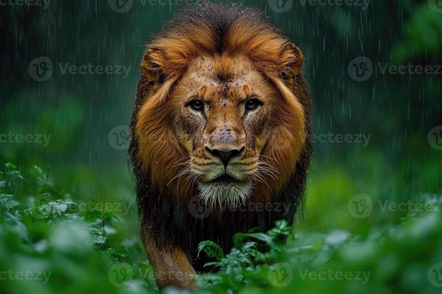 Majestic lion walking in the rain in the jungle photo