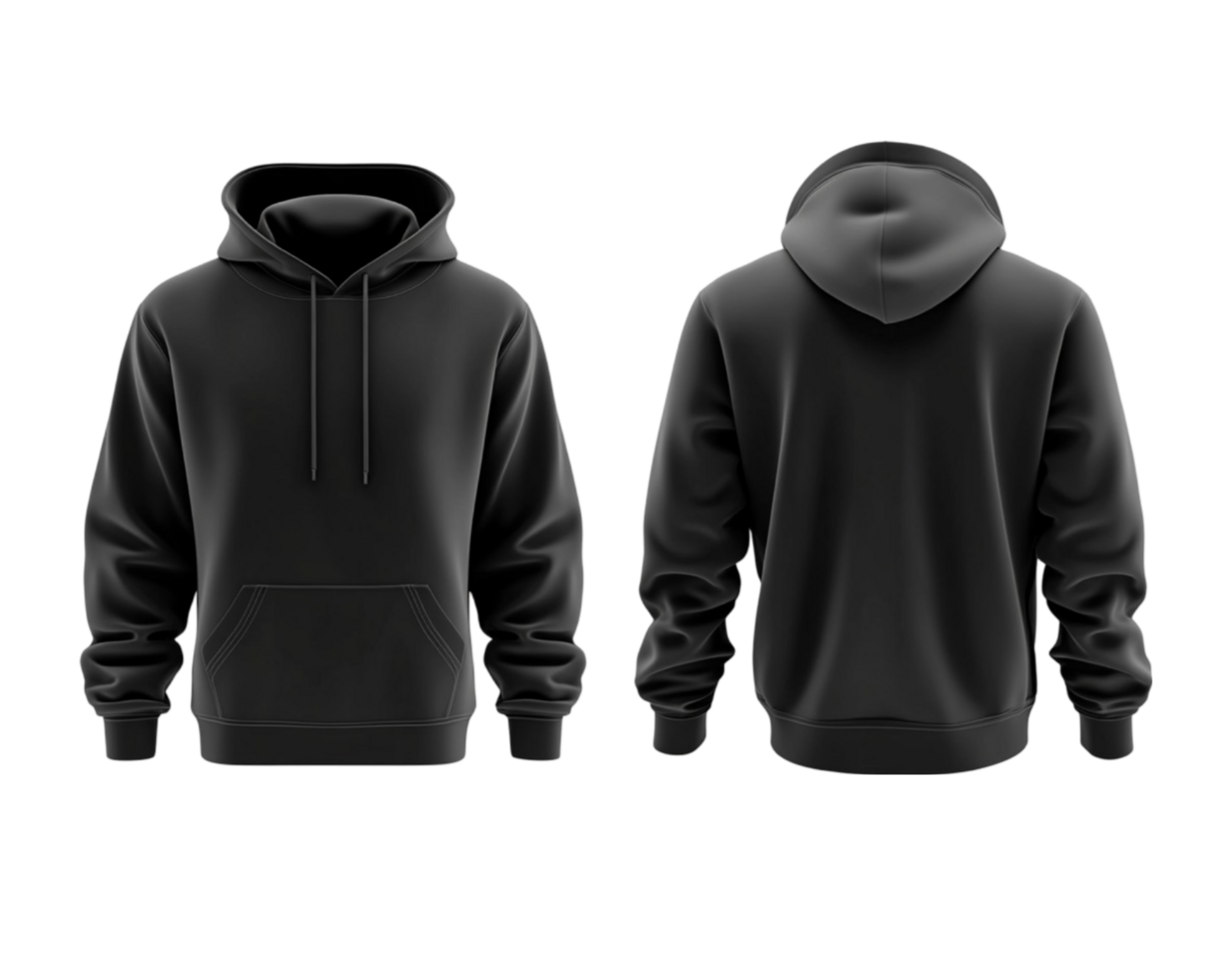 A 3D rendering of a blank black hoodie, showcasing both front and back views, png