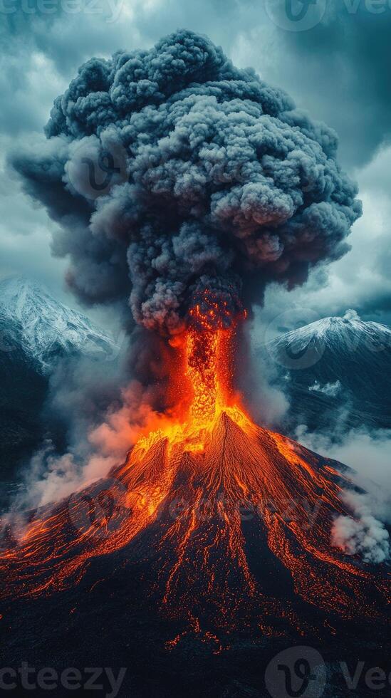 Volcano erupting with lava flowing downhill at night. photo