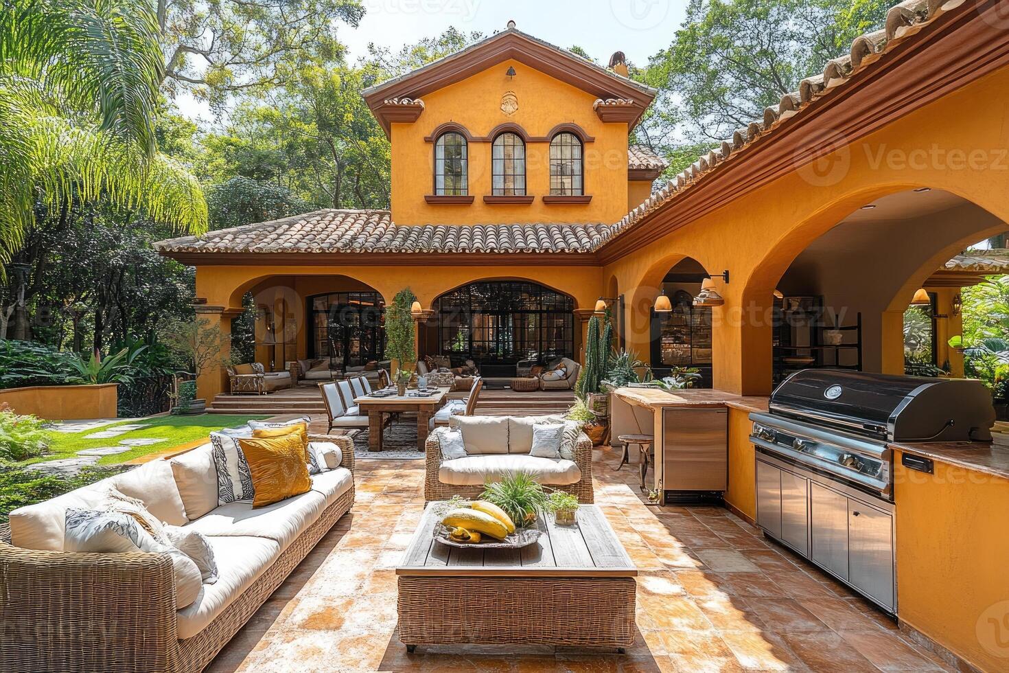 Luxurious patio with outdoor kitchen and comfortable seating in a mexican hacienda photo