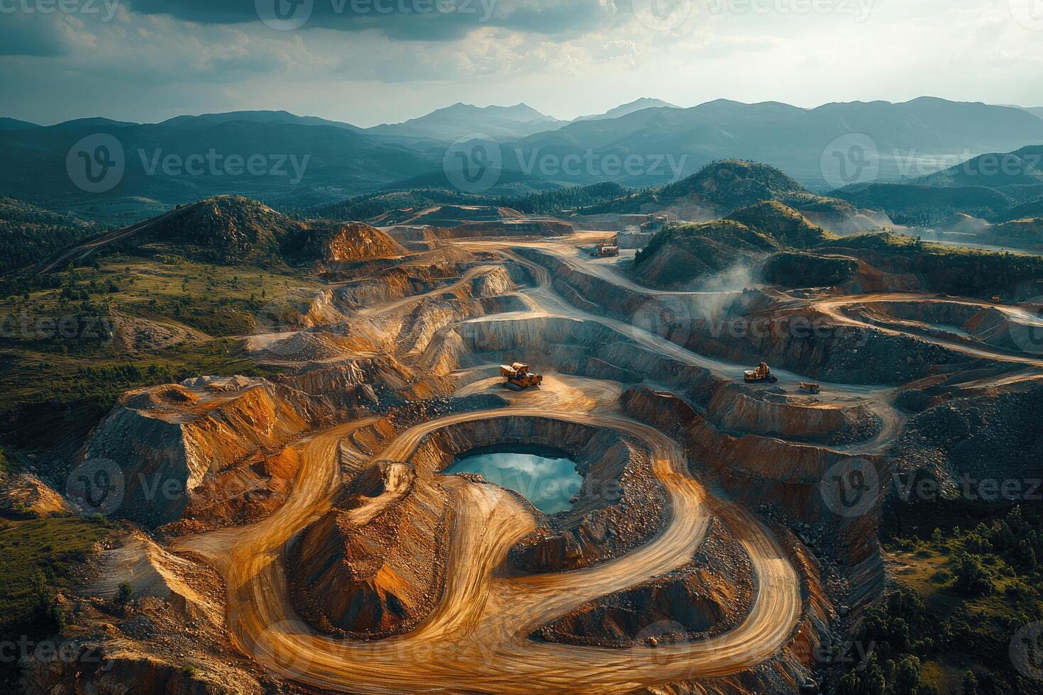 Open pit copper mine excavating ore in desert landscape with mountains. photo
