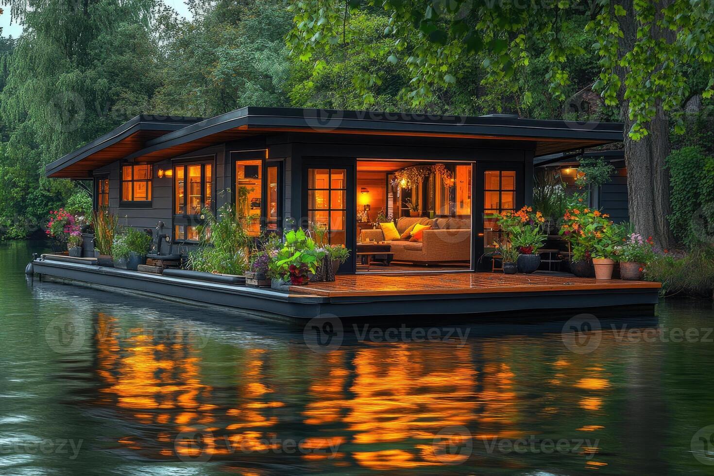 Floating house reflecting on calm water at sunset with illuminated interior photo