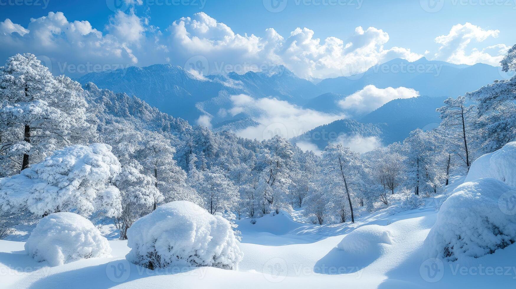 Snowy mountain range and frozen trees creating a winter wonderland landscape. photo