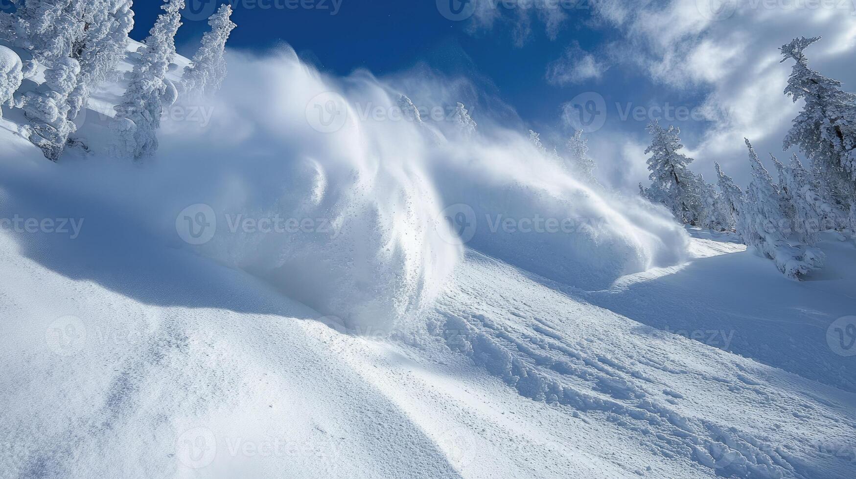 Deep powder snow blowing on mountain slope with snow covered trees photo