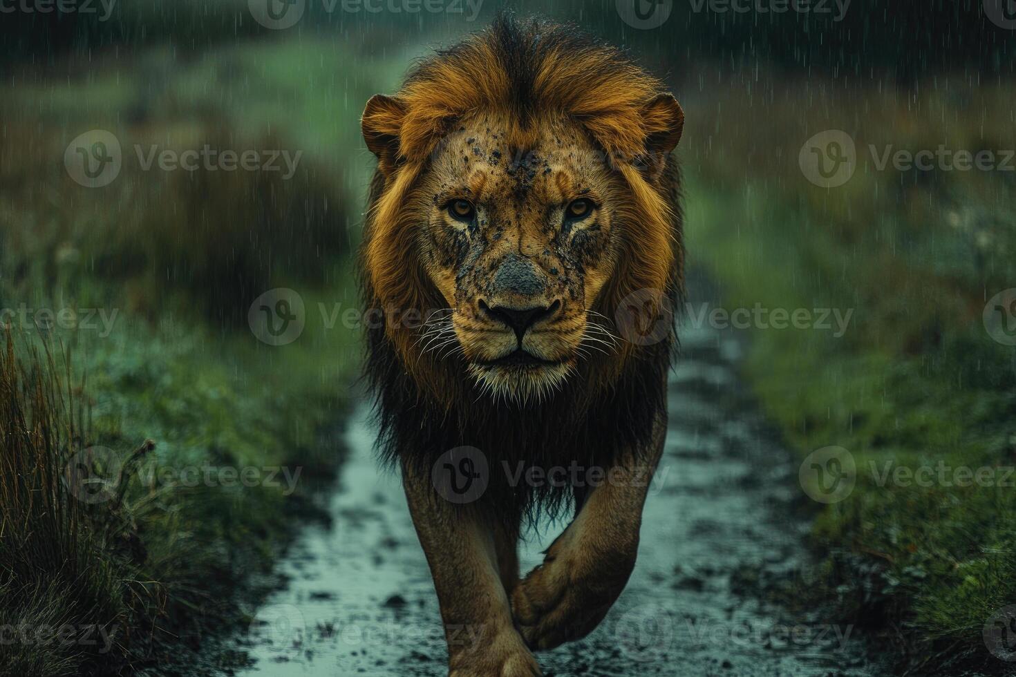 Majestic lion walking on a muddy path in the rain photo