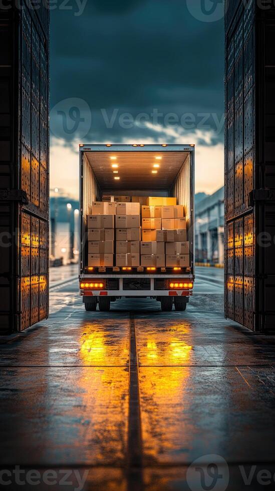 Delivery truck leaving warehouse loading dock with packages photo