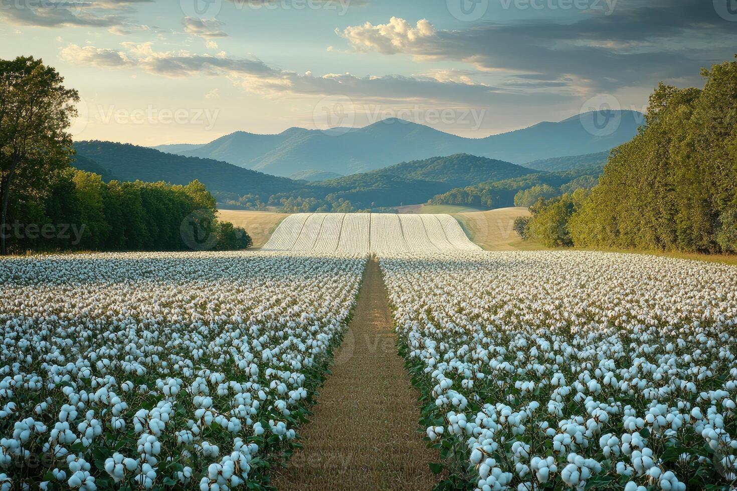 Rows of cotton growing in field at sunset with mountains in background. photo