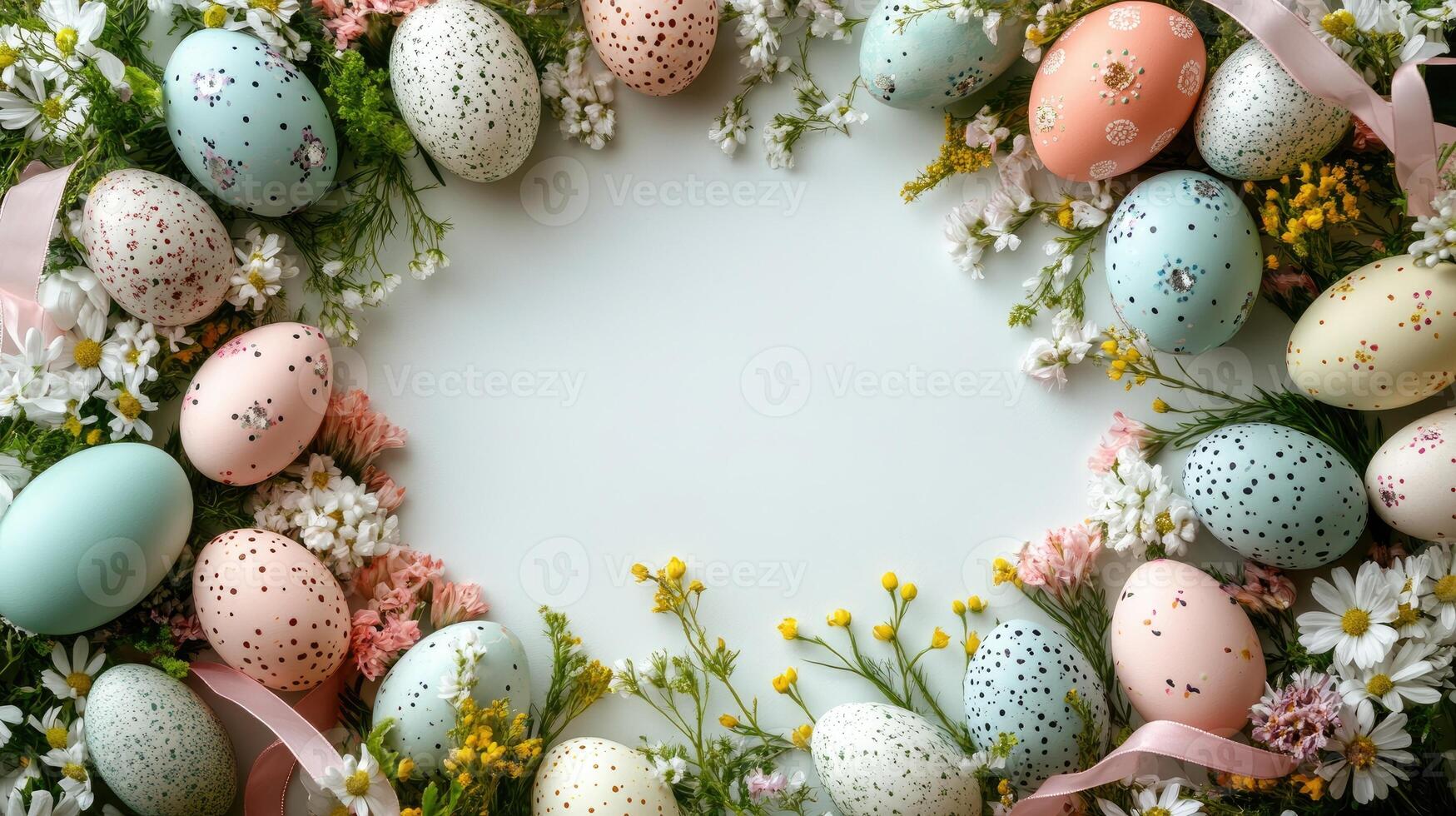 Festive easter eggs adorning a floral border on white background photo