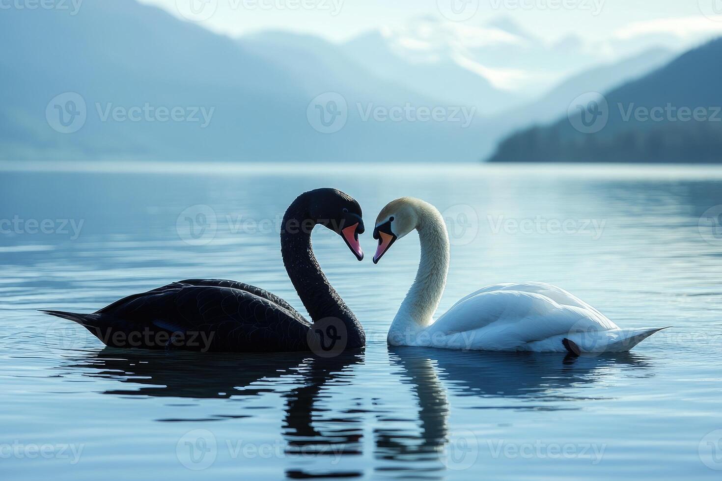 Black swan and white swan forming heart shape on lake photo