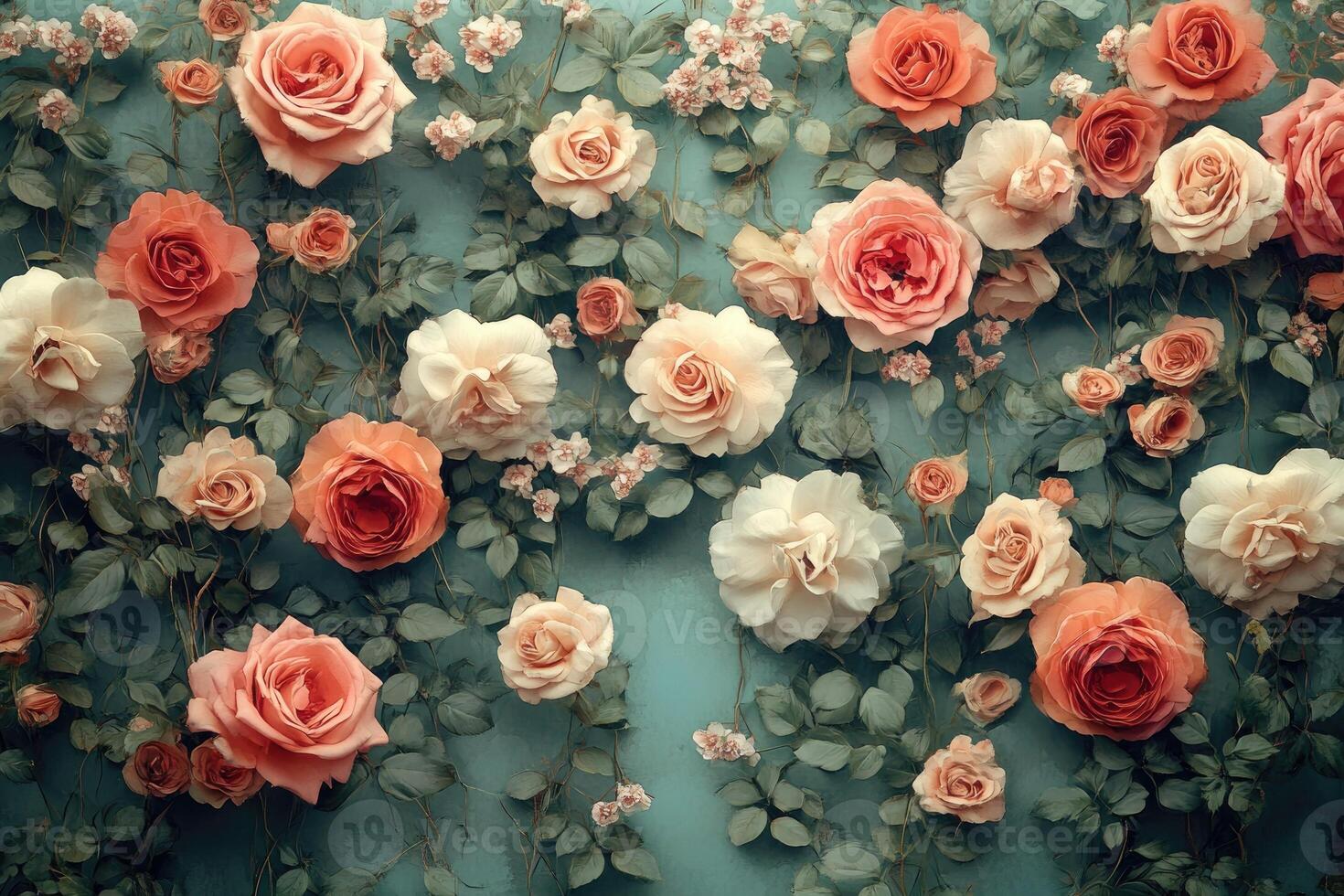 Beautiful blooming pink and peach roses creating a floral background photo