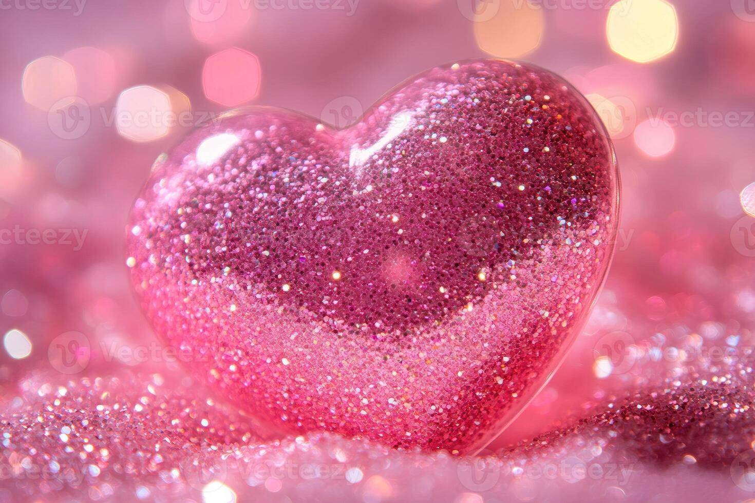 Pink glittering heart shining on a sparkling background photo