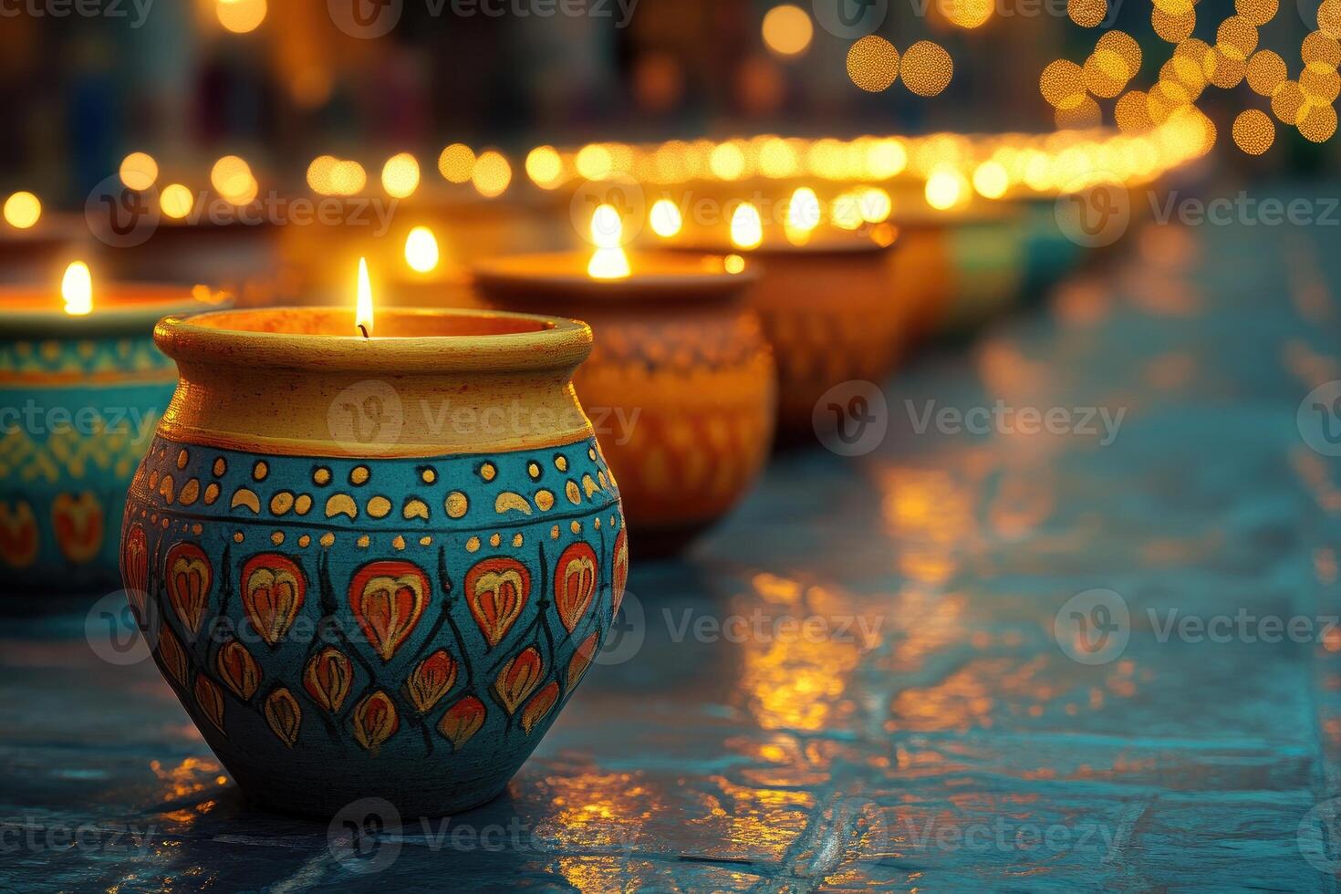 Burning candles in colorful ceramic bowls creating a warm and spiritual photo