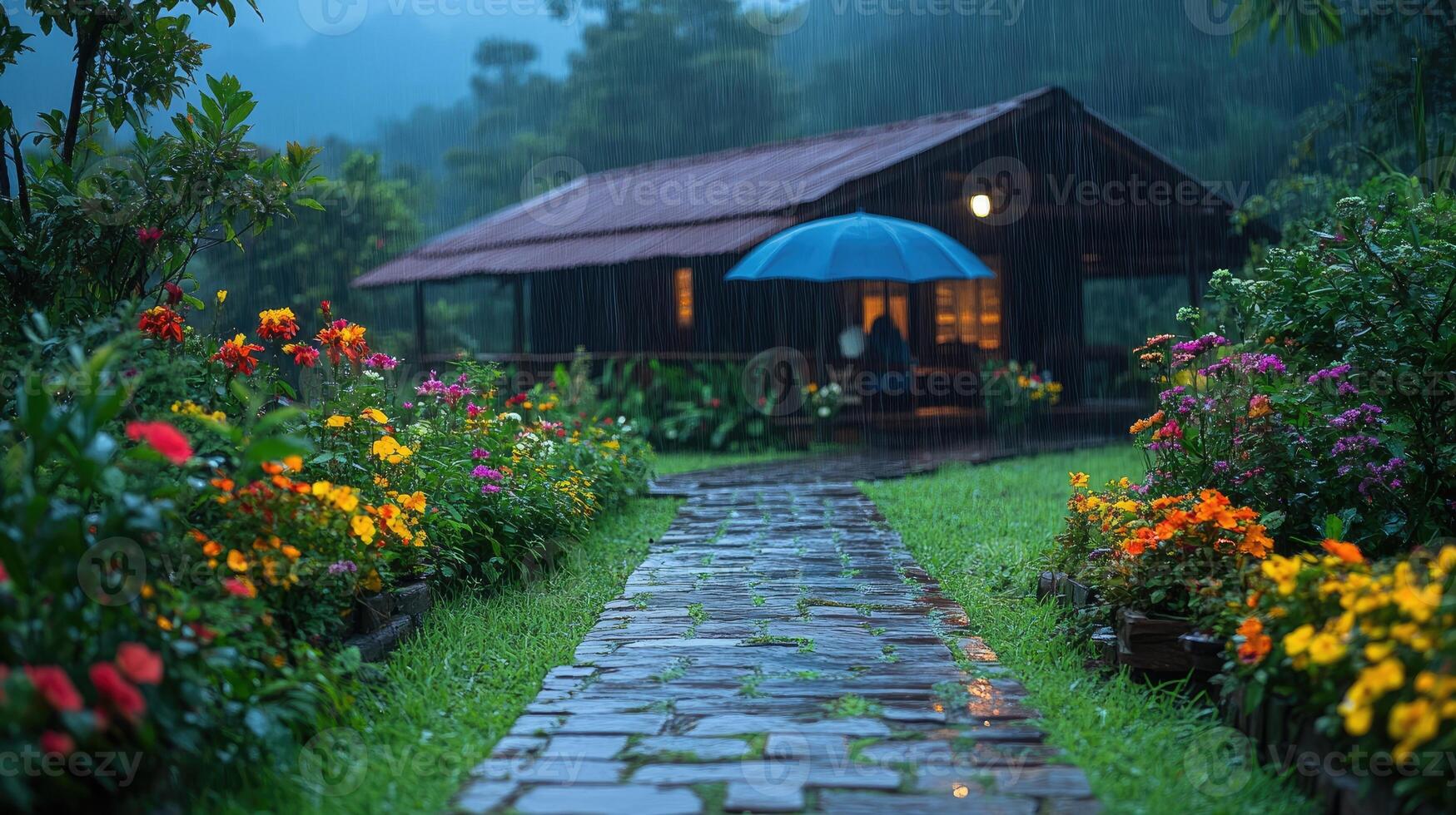 Rain falling on tropical resort path at dusk. photo